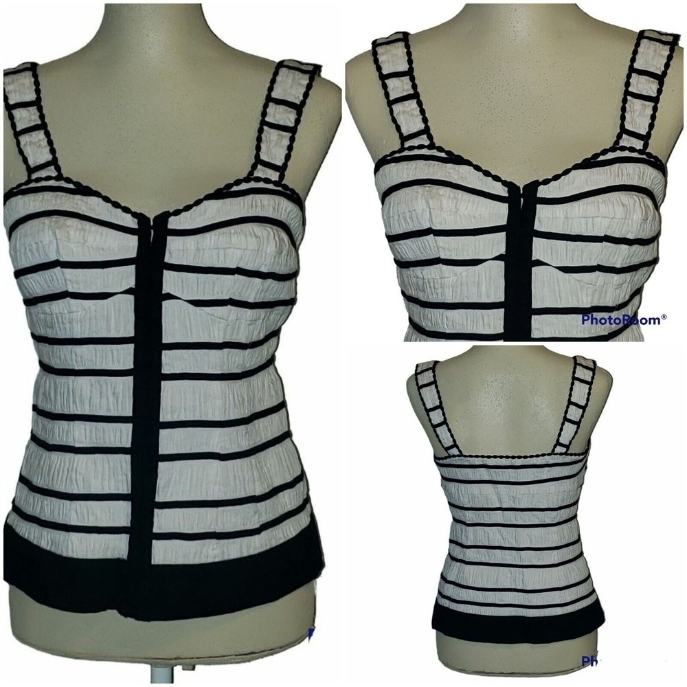 INC International Concepts Corset Style Top White Black Hook and Eye‎ Closure